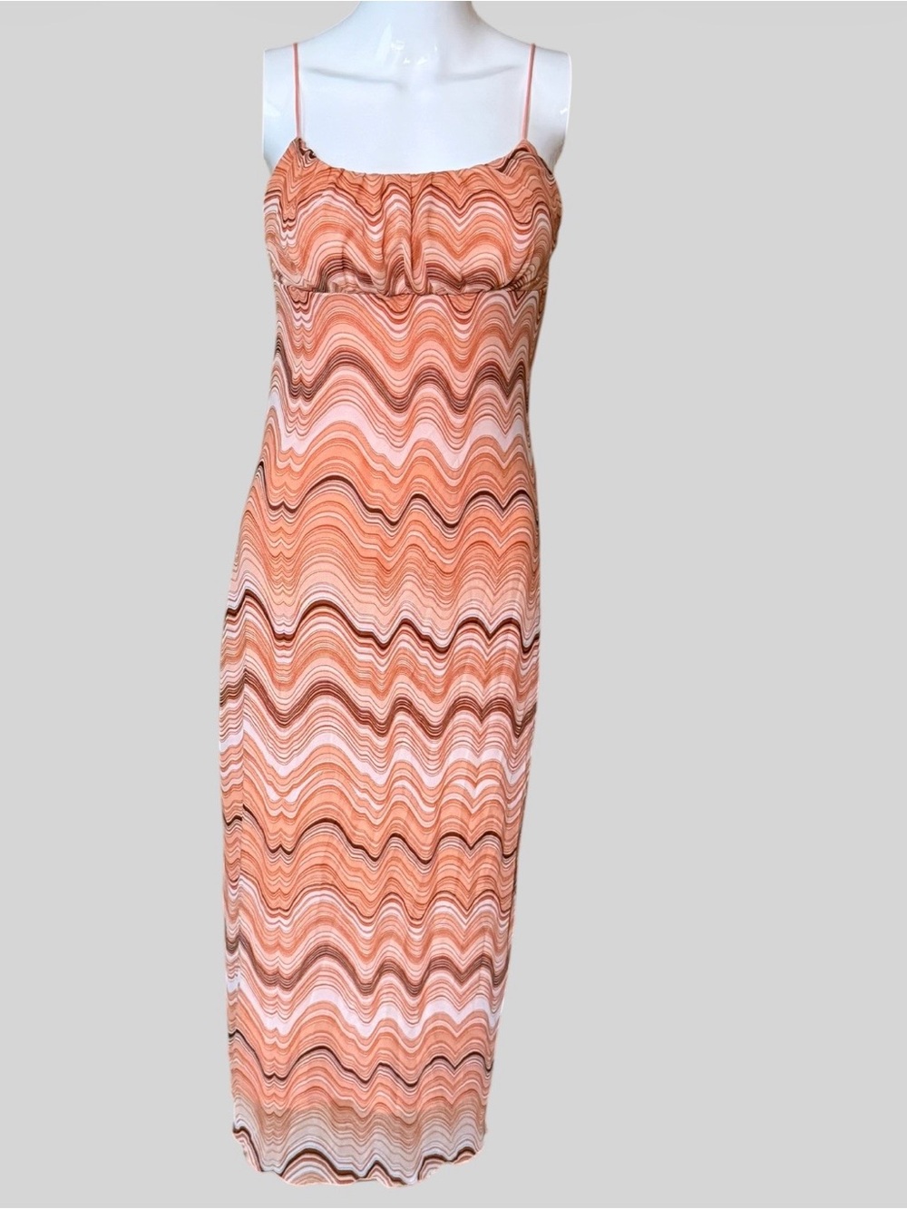 Peach Wave-Print Spaghetti Strap Maxi Dress